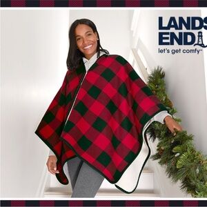 Lands End Buffalo Print Sherpa Fleece Lined Pancho Jacket Red Black One Size